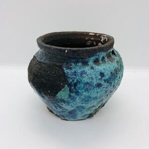 Old Raku small textured turquoise and grey jar from south of Kyoto Japan